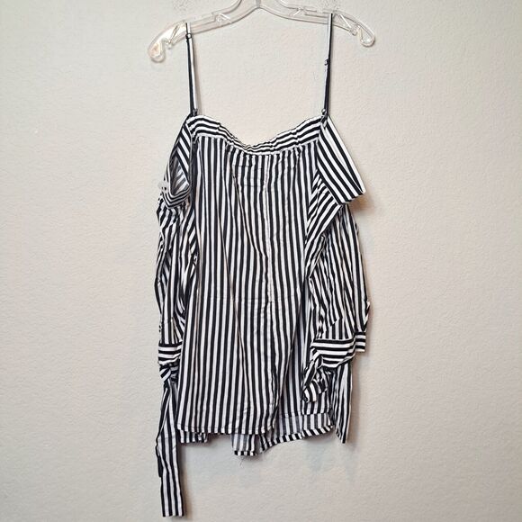 Miss Lili Plus Size Off-Shoulder Black White Striped Button-Front Blouse 3X NWT - Picture 6 of 8